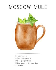 a watercolor drawing of a moscow mule mug with mint and lime garnish