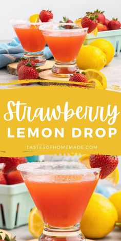 strawberry lemon drop cocktail with strawberries and lemons in the background