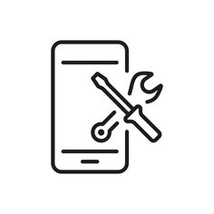 a mobile phone with a wrench and screwdriver on the screen, line icon