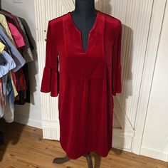 Jude Connally Kerry Dress Red Ruby Velvet Shift Style From A Smoke Free Home Size Xs Nwt $268 3/4 Bell Sleeves Side Seam Pockets 93% Polyester 7% Spandex Armpit To Armpit: 19.5” Sleeve Length: 16.5” Top Of Shoulder To Bottom Hem: 34.5” Red Velvet Dress, Red Ruby, Dress Red, Velvet Dress, Red Velvet, Red Dress, Bell Sleeves, Ruby, Sleeve Length