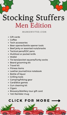 the christmas stocking stuff list for men is shown in red with holly wreaths on it