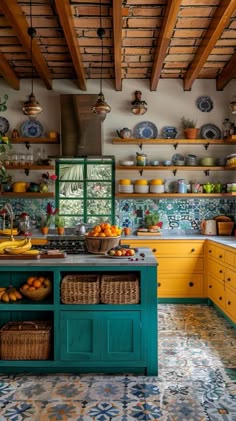 a kitchen with yellow cabinets and blue tile flooring is pictured in this image, there are many plates on the shelves