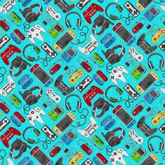 a blue background with video game controllers on it