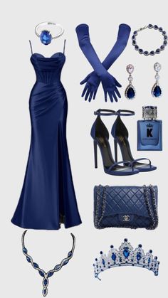 a woman's blue dress and accessories including gloves, necklaces, handbag, bracelet