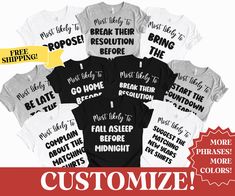 Elevate your family's New Year's celebration with our Most Likely To Family New Years Shirts - the perfect matching family shirts for a hilarious and unforgettable New Year's party. Get ready to usher in the new year in style with these funny family matching shirts that are sure to bring laughter and joy to your festivities. ------------------------------------------------------------------------------------------------------ 1. MAKE SURE THAT YOU HAVE READ ALL PERTINENT INFORMATION AND YOU HAVE SCROLLED THROUGH ALL OF THE PHOTOS. 2. ONCE THAT HAS BEEN COMPLETED, PICK YOUR SHIRT STYLE, SIZE, AND COLOR FROM THE DROPDOWN MENUS. 4. IF YOU HAVE MORE ITEMS TO ORDER, HIT THE BACK BUTTON AND REPEAT. 5. ONCE EVERYTHING IS IN YOUR CART, SELECT YOUR SHIPPING METHOD, INPUT YOUR CORRECT ADDRESS, AND H New Year Shirts Ideas Family, New Years Eve Pajamas, Pj New Years Eve Party, Group New Years Shirts, New Year’s Eve Shirts, New Years Shirts 2022, Washing And Drying Machine, New Years Shirts, Family Shirts Matching