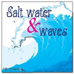 a blue wave with the words salt water and waves in pink, on top of it