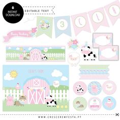 the farm animals are on display in this pink and blue printable party set up