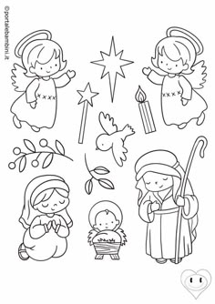 the nativity scene is outlined in black and white