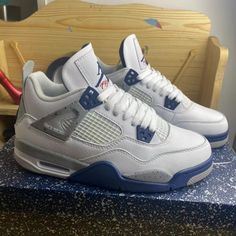 The Overall Color Of This Model And White Cement Is Relatively Similar To The Main Body Of The Upper White Goose With Blue Details Is Really Very Good. Pretty Sneakers, Midnight Blue Color, Retro Basketball Shoes, Blue Jordans, Jordan 4s, Pretty Shoes Sneakers, Retro Basketball, White Cement, White Goose