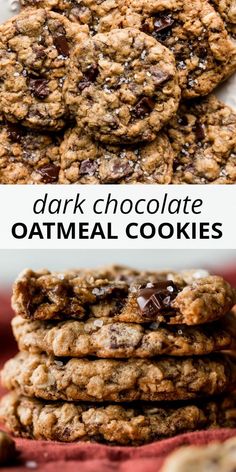 chocolate oatmeal cookies stacked on top of each other with text overlay