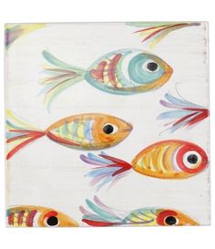 three colorful fish painted on a white background