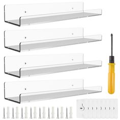 four shelves with screwdrivers and other tools on the top one is clear, two are white