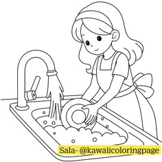 a girl washing dishes in the sink coloring page