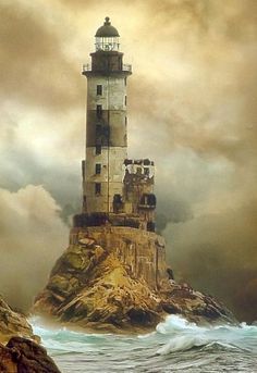 a painting of a lighthouse on top of a rock in the middle of the ocean