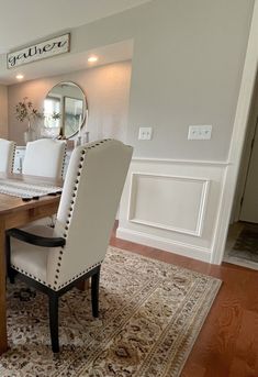 Shown here, dining room with Sherwin Williams Worldly Gray paint color on walls, BEnjamin Moore White Dove wainscoting and trim, red oak wood flooring, traditional modern farmhouse furniture and home decor. 

#wainscoting #redoak #woodfloor #homeupdate #kyliem #diy Paint Colors With Red Wood Floors, Sherwin Williams Worldly Gray, Red Wood Stain, Stained Wood Cabinets, Indoor Paint Colors, Cabinets Colors, Worldly Gray, Red Oak Floors, Modern Farmhouse Furniture