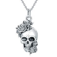 Our stunning sterling silver pendant necklace perfectly blends retro charm with modern elegance, featuring intricately detailed rose and skull motifs designed specifically for women who appreciate unique, statementmaking jewelry. Crafted from highquality sterling silver, this pendant necklace showcases the exquisite artistry of a vintageinspired rose and skull design. With no stone to distract from its intricate detailing, it offers a timeless retro silver allure that effortlessly enhances any o Rose Represents, Rose And Skull, Rose Skull, Skull Pendant Necklace, Sterling Silver Anklet, Gothic Skull, Clover Earrings, Necklace Design, Skull Jewelry