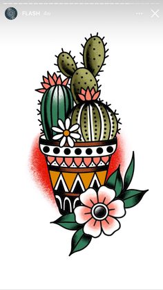 a drawing of a cactus in a pot with flowers