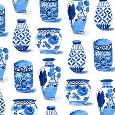 blue and white vases on a white background