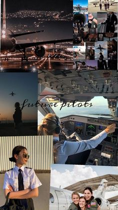 collage of photos with people and planes in the background, including one woman wearing a pilot's uniform