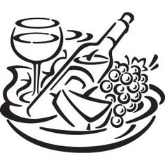 a black and white drawing of a plate of food with grapes, wine glass and bottle