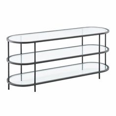 an oval glass shelf with two shelves on each side and black metal legs, against a white background