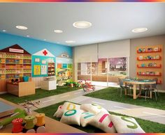 a child's playroom with green grass and toys