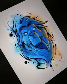 a drawing of a blue lion with the word one on it's face and some paint splatters