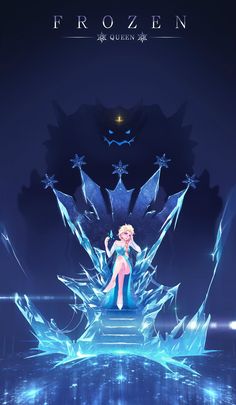 the poster for frozen shows a woman sitting on an ice throne