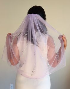 "This tulle veil is just so fun! Purple tulle with sequins. It is really suitable for wedding or party.  comb attachment. 4 length available : 16\" short style 25\" elbow style 40\"finger length 52\"longer style" Sheer Organza Veil For Party, Sheer Organza Party Veil, Lavender Tulle Fabric For Wedding, Purple Organza Tulle Fabric For Wedding, Wedding Sequin Tulle Fabric With Shimmer, Wedding Tulle Sequin Fabric, Purple Sequined Tulle Fabric For Wedding, Wedding Sequin Tulle Fabric With Glitter, Glitter Sequin Tulle Fabric For Wedding