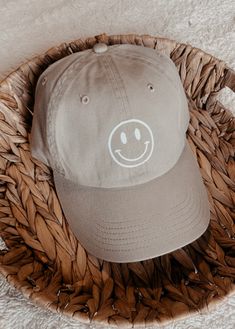 Smiley Face Tan Dad Hat  - design is iron on vinyl - One size fits most has adjustable buckle in the back We do not accept returns but if you have any issues definitely reach out to us and we will try to help as best we can! If you have any questions feel free to message us! Check us out on IG for behind the scenes, giveaways, and more! IG: a.b_crafts Adjustable Curved Brim Fun Dad Hat, Fun Adjustable Dad Hat, Novelty Baseball Cap With Flat Bill And Adjustable Fit, Novelty Adjustable Flat Bill Baseball Cap, Cute Adjustable Baseball Cap For Outdoor, Cute Adjustable Visor Hat, Cute Adjustable Visor Baseball Cap, Fun Adjustable Snapback Dad Hat, Fun Dad Hat With Visor, One Size Fits Most