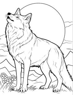 a wolf looking up at the moon with mountains and flowers in the background coloring page