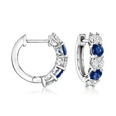 Ross-Simons - .80ct t. w. Sapphire, 1.00ct t. w. Lab Grown Diamond Hoop Earrings. 1/2". An RS exclusive. Treat yourself to a unique blend of lab-grown diamonds and mined precious gemstones at an incredible value. These timeless hoop earrings offer a modern mix of color and sparkle, featuring rich .80 ct. t. w. round sapphires that alternate with icy 1.00 ct. t. w. round brilliant-cut lab-grown diamonds. Finely crafted in polished 14kt white gold. Lab-grown diamonds are identical to mined diamond Pure Design, Diamond Birthstone, Round Sapphire, Diamond Hoop Earrings, Precious Gemstones, 14kt Gold, Round Brilliant, Lab Grown, Lab Grown Diamonds