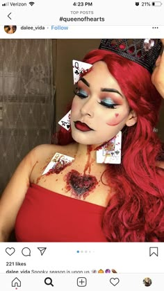 Queen Of Hearts Eyeshadow, Scary Mad Hatter Makeup, Queen Of Hearts Horror, Queen Of Hearts Sfx Makeup, Queen Of Hearts Makeup Ideas Simple, Queen Of Hearts Scary Makeup, Red Queen Makeup Alice In Wonderland, Creepy Queen Of Hearts Costume, Gorey Halloween Costumes