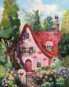 a painting of a pink house with flowers and trees