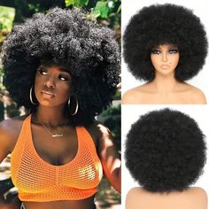 Fluffy Remy Short Afro Kinky Curly Wave Human Hair Wig With Thick Bangs Short Bob Wig Brazilian 80s Wig, Thick Bangs, Hair Wigs For Black Women, Short Afro, Wig Party, Bangs Short, Curly Waves, Curly Wig, Yellow Hair