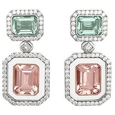 Gemstone Morganite Green Beryl Diamond 18KT Gold Rock Crystal Earrings and Jewelry Box These stunning earrings are made of white gold and are composed of three articulated elements. The upper part has an emerald-cut green beryl, surrounded by white diamonds also set on the side. The second part is a princes cut diamond set in an octagonal setting. The lower part has an emerald cut morganite set in a pink gold setting. The setting is surrounded by a rock crystal that follows the shape of the morg Princes Cut, Pink Diamond Earrings, Earring Jewelry Box, Earrings Emerald, Precious Jewels, Jewel Box, Diamond Set, Makeup Eyeliner, Stunning Earrings