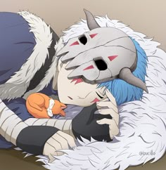 an anime character laying on top of a furry animal