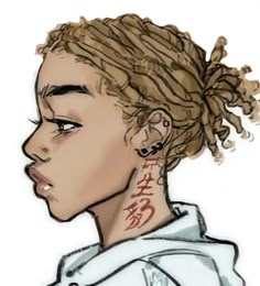 a drawing of a woman with dreadlocks and tattoos on her neck, looking to the side