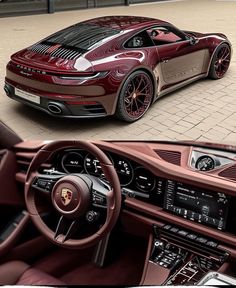 the inside and outside view of a red sports car