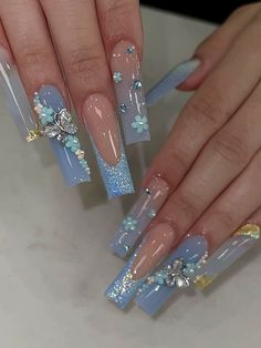 Nails Pearl, Quince Nails, Quinceanera Nails, Press Nails, Fake Nails Long, Blue Acrylic Nails, Nagel Tips, Manicure Tips, Coffin Press On Nails