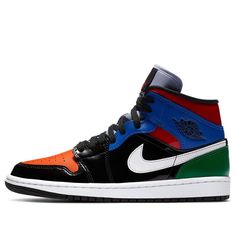 The women's Nike Air Jordan 1 Mid SE "Multi Patent" is an all-in-one pair, featuring a mix of colors and textures. Built with full-grain leather, the upper is black and complemented by overlays in green, blue, red and white. An orange toe box gives us a hint of "Shattered Backboard" vibe, while black patent leather shines at the toe cap and profile. (AJ1/SNKR/Retro/Light/Mid Top/Women's/Multicolor/Basketball) Wmns Air Jordan 1, Jordan Model, Air Jordan 1 Mid Se, Nike Air Jordan 1 Mid, Womens Air Jordans, Womens Jordans, Nike Air Jordan 1, Air Jordan 1 Mid, Jordan 1 Mid