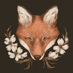 a drawing of a fox with flowers around its neck