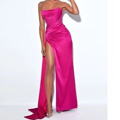 As Seen Satin Pink ( Available In Other Colors) True To Fit Brand New Pink Maxi Length Strapless Dress For Night Out, Pink Strapless Maxi Dress For Night Out, Pink Maxi Dress With Side Slits For Party, Pink Satin Strapless Dress For Gala, Pink Satin Evening Dress For Night Out, Pink Dresses With Side Slits For Gala, Pink Gala Dress With Side Slits, Pink Cocktail Dress With Side Slits, Pink Cocktail Dresses With Side Slits