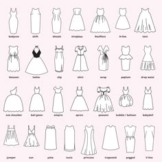 the different types and sizes of dresses for women in black and white on a pink background