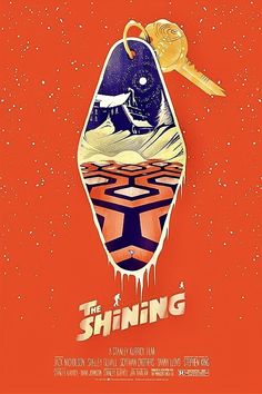 the shining movie poster with key hanging from it's center and an orange background