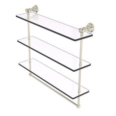 three tiered glass shelf with metal handles and brass fittings on the bottom, against a white background