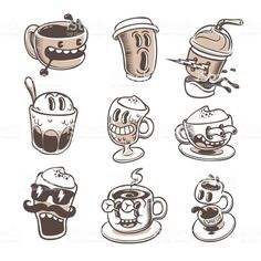 coffee cups and mugs with faces drawn on them