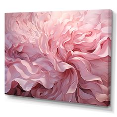 an abstract pink painting on canvas with white frame and wood trimmings in the center