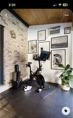 there is a bike in the room with pictures on the wall and a potted plant next to it