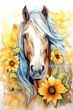 a painting of a horse with blue hair and sunflowers